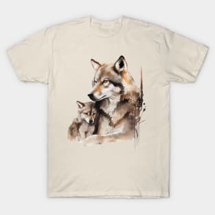 Watercolor Illustration of Wolf Mother with a Baby T-Shirt